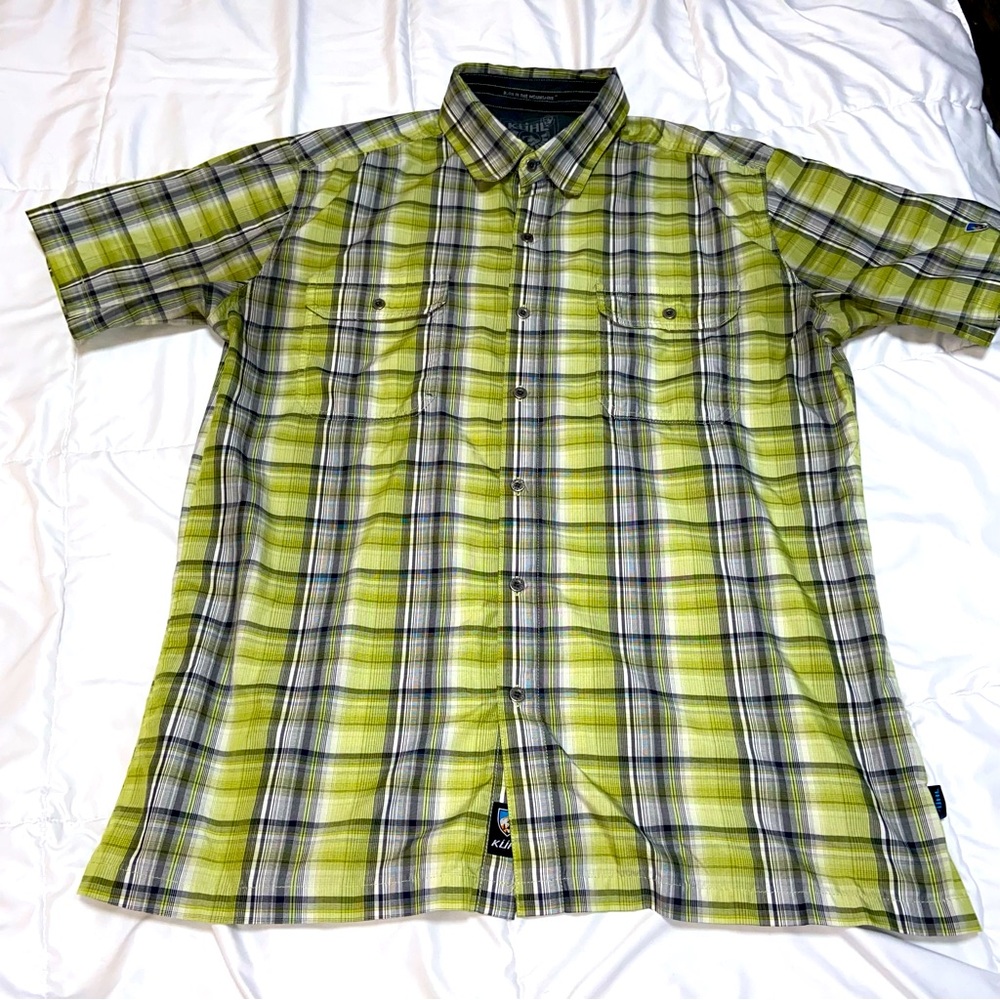 Kuhl Men's Short Sleeve Plaid Button-Down Shirt in Lime Green and Gray